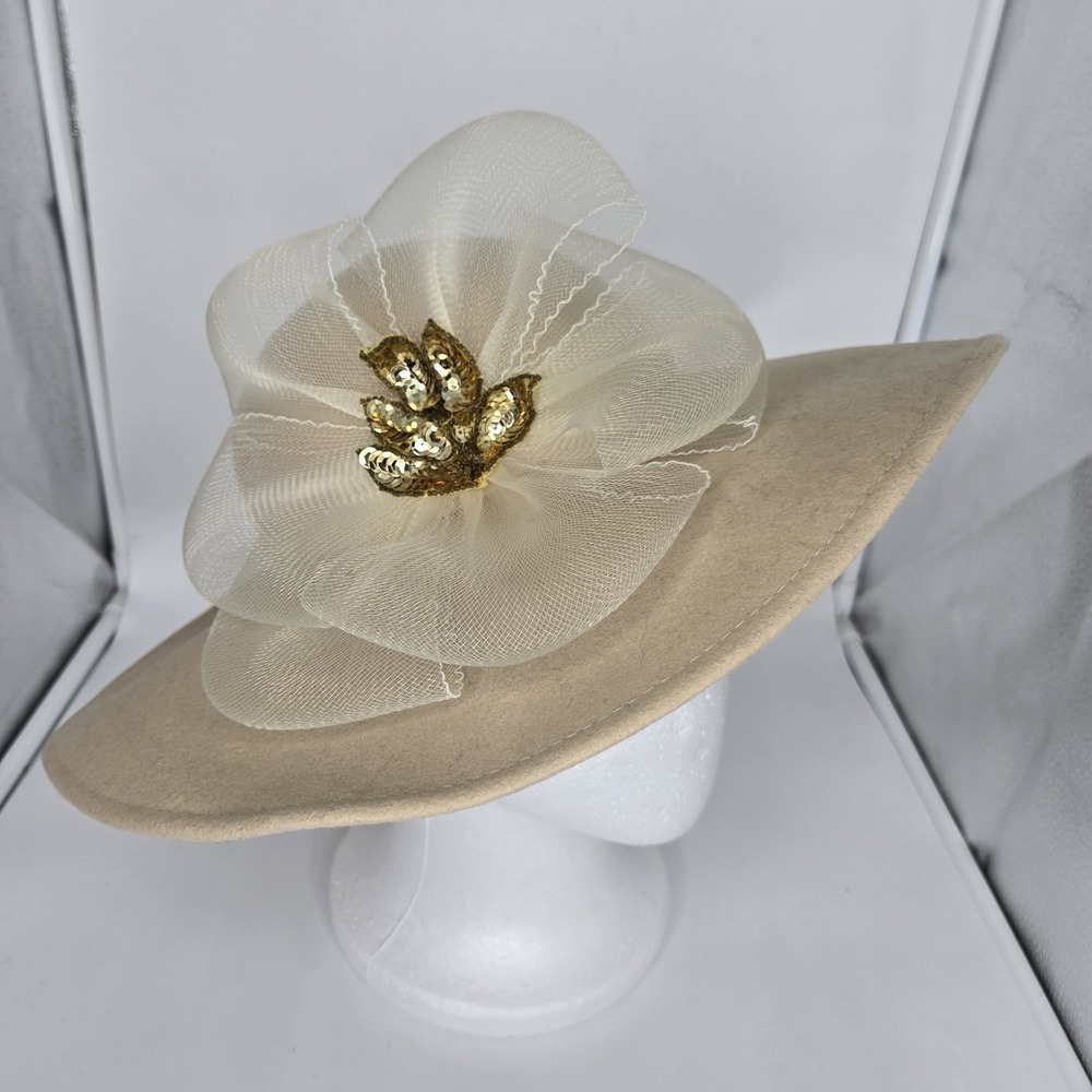 Vtg Bollman 100% Wool Doeskin Felt Wide Brim Hat Tan Neutral Tulle Sequins Glam - Picture 2 of 9